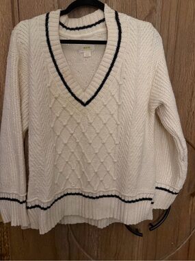 Anthropologie Cream Cable-Knit V-Neck Sweater with Black Trim